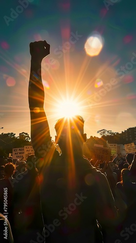 Freedom fighter, symbolic fist raised high, against corrupt regime, massive demonstration, setting sun, illustration, silhouette lighting, lens flare, Rear view photo