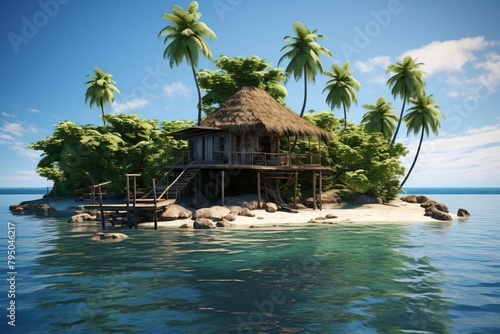 Tiny, tranquil island with a modest, singleroom house, perfect for solitude and simplicity amidst tropical surroundings