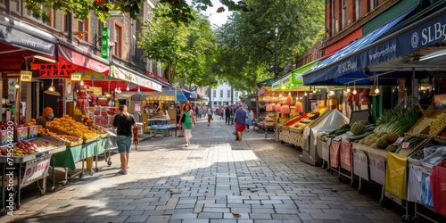 Bustling Outdoor Market Street with Fruit Stalls and Shoppers © NS