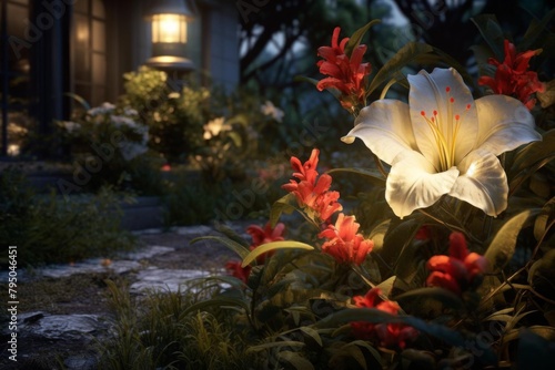 Detailed 4K visual of a nighttime garden scene  featuring a flower under a focused light source  rendered in stunning hyperrealistic detail