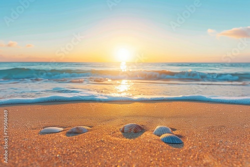 Serene Beach Sunrise with Seashells on Golden Sand