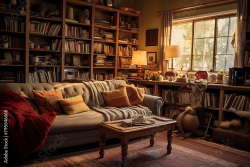 A homely living room adorned with comfortable furniture, soft rugs, and shelves filled with books and trinkets.