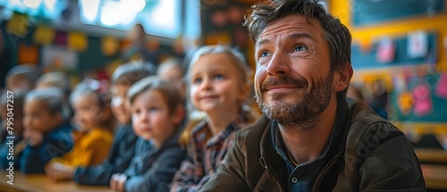 Proud Single Father Attends School Play to Celebrate Achievements with Child. Concept Family Bonding, Shared Achievements, Parental Support, School Events, Celebrating Accomplishments photo