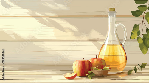 Glass bottle and gravy boat with fresh apple cider vi photo