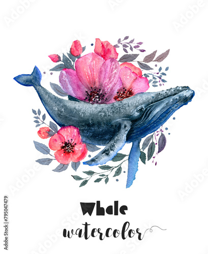 A whale surrounded by pink flowers and leaves in a watercolor painting © cosmicanna