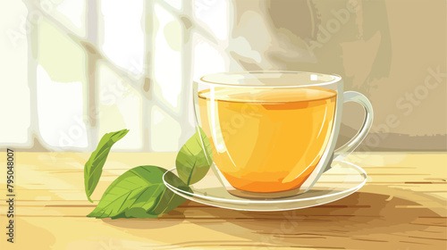 Glass cup of aromatic tea on wooden table Vector illustration
