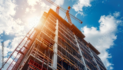 building under construction, crane lifting and placing precast concrete panels into position photo