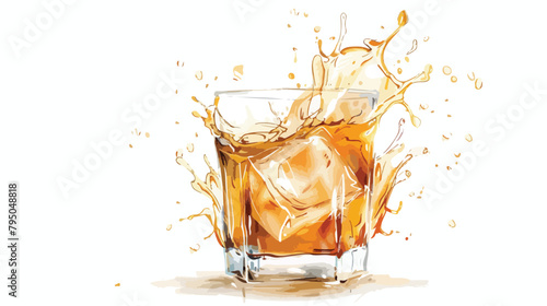 Glass of cold rum with splashes on white background