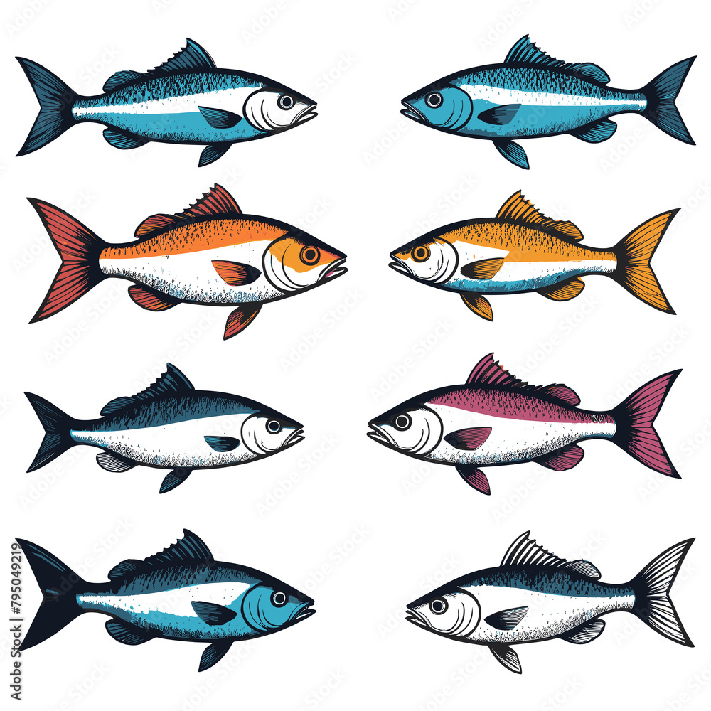 A set of Fishes with Colors, Sea Food Fishing