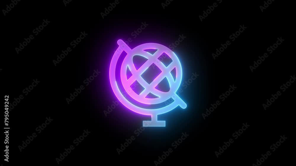 Neon globe stand icon cyan purple color glowing animated black background Neon globe stand icon cyan purple color glowing animated black background
