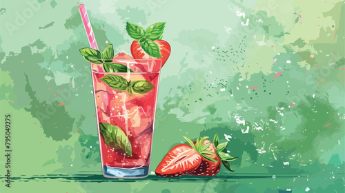 Glass of fresh strawberry mojito with shaker and jigg
