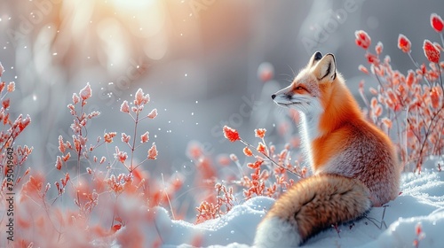 Fox's tail, bushy and vibrant against a snowy backdrop photo