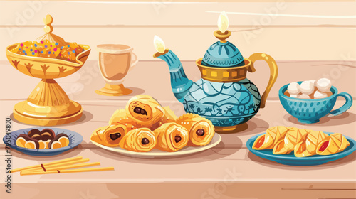 Tasty Eastern sweets with Aladdin lamp and tasbih on