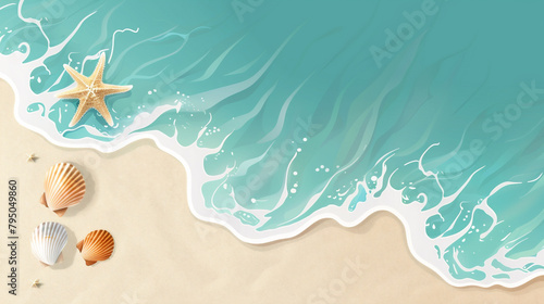 Seashore illustration. On the left on the white sand lies a starfish and shells. To the right is the turquoise sea and foamy water. © Apalko