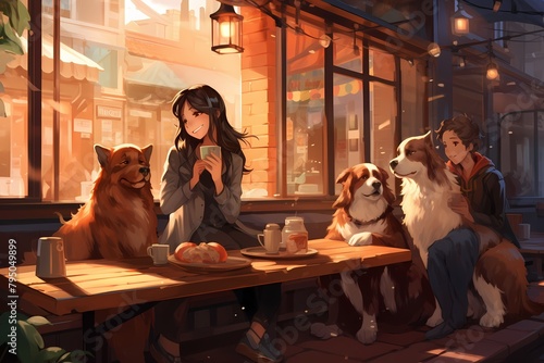 A cozy pet-friendly caf?(C) with people sipping coffee and pets lounging beside their owners.
