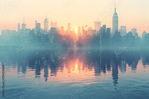 Stunning Cityscape Skyline in Contemporary Futuristic Style with Reflective Waters