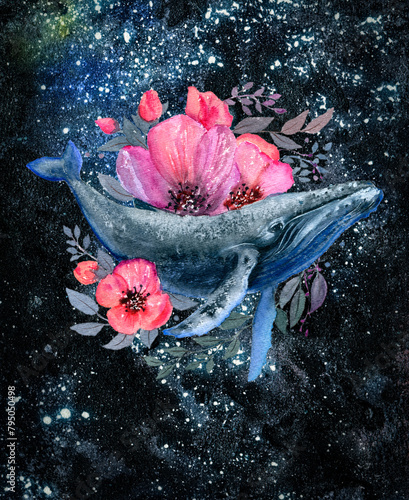 A watercolor whale floats amidst pink flowers in a space filled with water and petals
