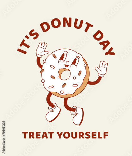 Retro cartoon donut character vector illustration. Vintage National Donuts day poster. Funny bakery mascot. 