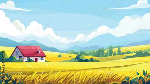 Sunny landscape rural scene with fields mountains and