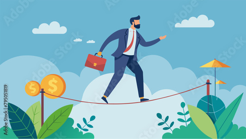 A businessman walking on a tightrope balancing his investments savings and personal expenses.