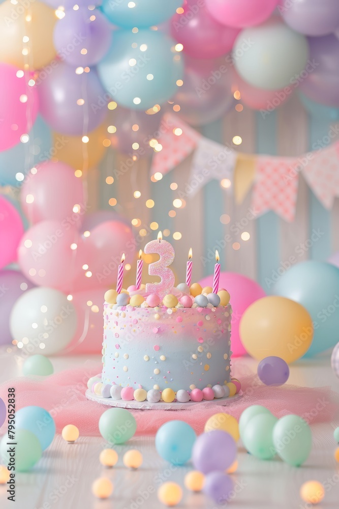 Number three candle cake with balloons and decorations for event celebration with text space Number three candle cake with balloons and decorations for event celebration with text space
