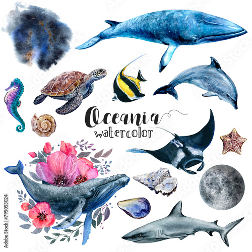 Vivid watercolor paintings of oceanic organisms in azure and electric blue © cosmicanna