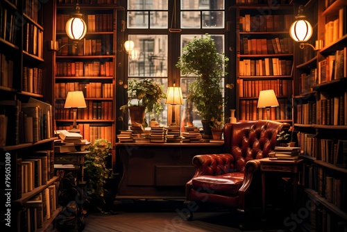 A cozy corner of a bookstore with armchairs, reading lamps, and shelves of classic novels. © Nature