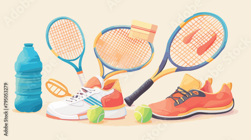 Tennis rackets balls clothes bottle of water and shoe