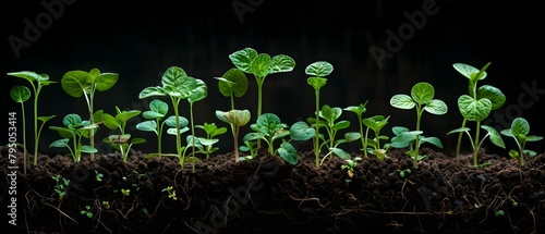 Young sprouts in fertile soil demonstrate sustainable agriculture practices like carbon sequestration. Concept Sustainable Agriculture, Young Sprouts, Fertile Soil, Carbon Sequestration