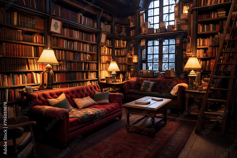 A cozy corner in a library with shelves of books, reading nooks, and people engrossed in their books. A cozy corner in a library with shelves of books, reading nooks, and people engrossed in their books.