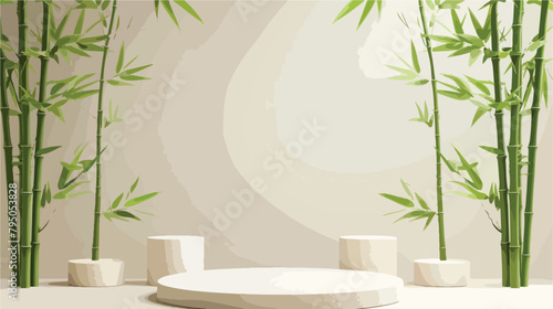 Green bamboo stems and plaster podiums on beige background photo