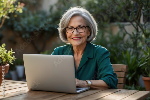 Glückliche ältere Frau mit Brille arbeitet entspannt im Garten an einem Laptop im Sonnenschein photo