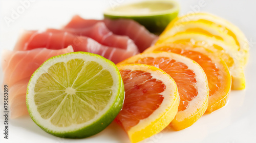 Sliced citrus fruits in a row  with pink tuna sashimi on a white background.