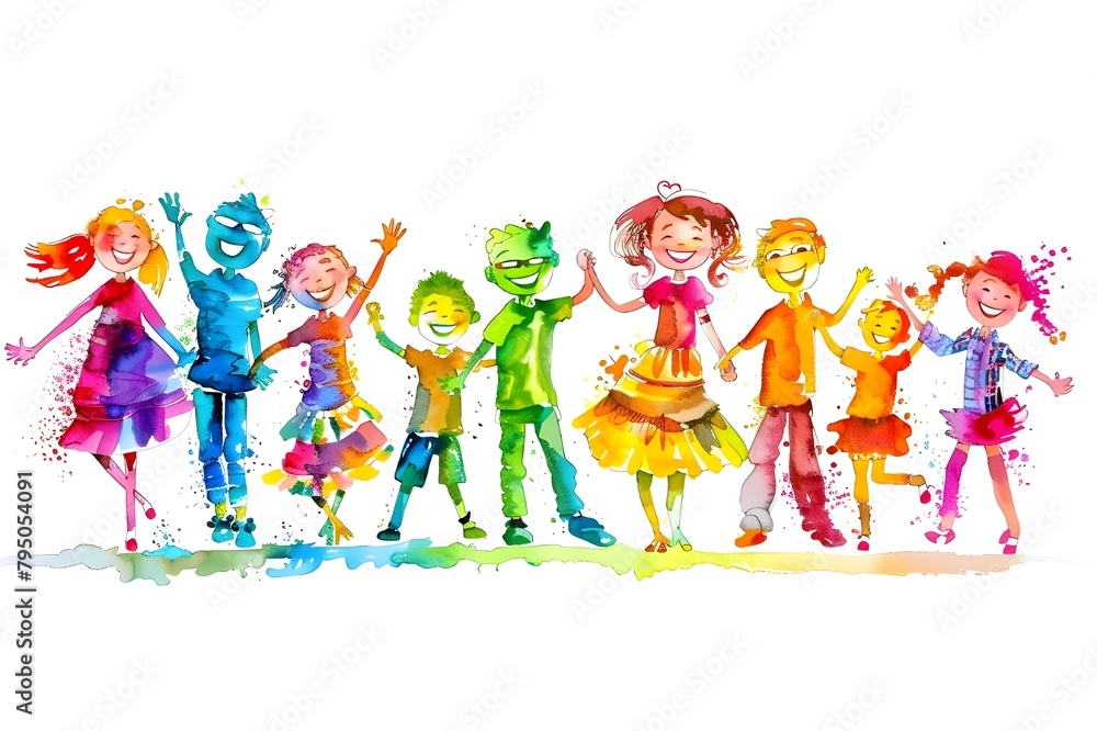 group of people jumping with colors on white background 