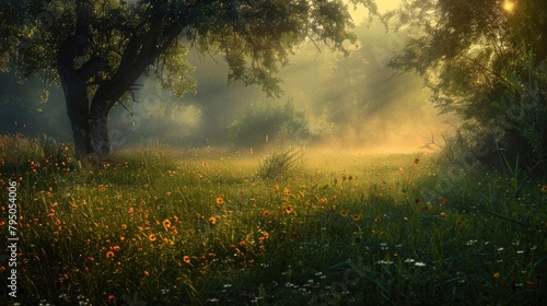 A tranquil meadow bathed in the soft light of dawn  a sanctuary of peace and serenity amidst the chaos of the world.