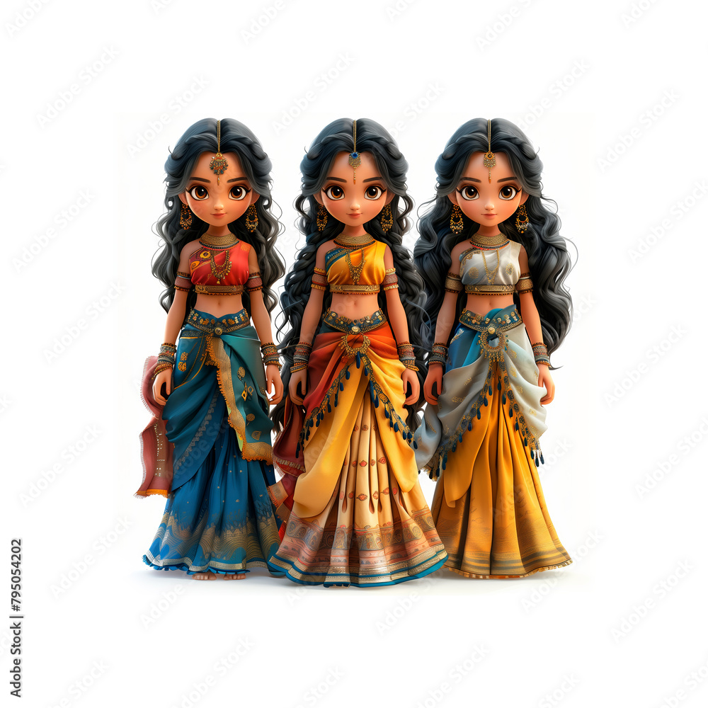 Three Dolls Standing Together. Generative AI