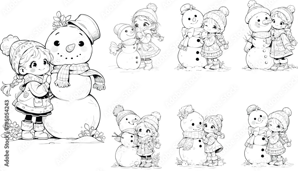 Cartoon Vector Outline of Girl with Snowman, Printable Coloring Page Template for Kids.