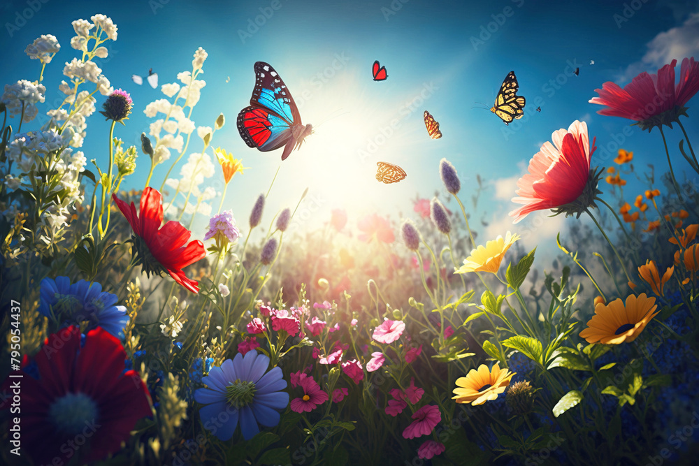 Beautiful butterflies over forest colored flowers with a blurred background. AI generated.