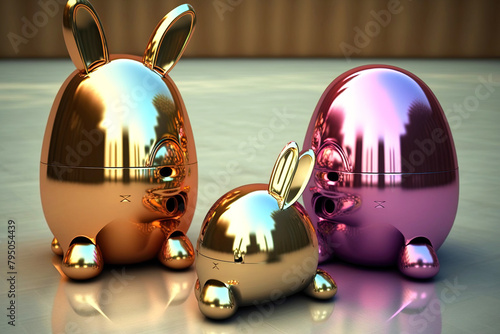 Easter robot bunnies made of shiny metal sit in the grass. AI generated.