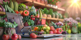 Cute shopping cart full of fruit and vegetables, Scenery shopping cart with fruits and vegetables at the market realistic detailed high resolution. 

