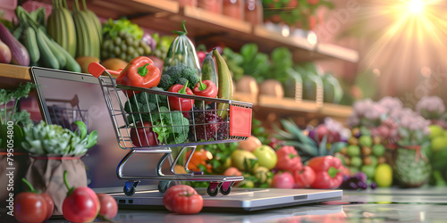 Cute shopping cart full of fruit and vegetables, Scenery shopping cart with fruits and vegetables at the market realistic detailed high resolution. 

 photo