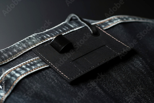 Denim clothing fabric close-up with cardboard price tag mockup. AI generated.