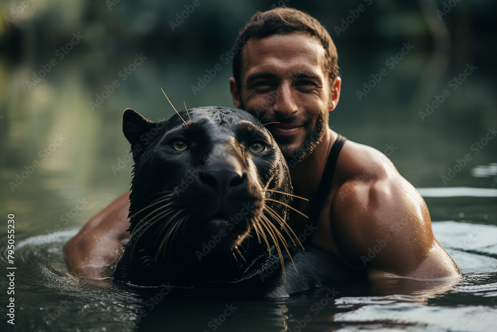 Image of a happy person swimming with panthera made with generative AI Image of a happy person swimming with panthera made with generative AI