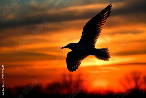 Silhouettes of birds flying in the sunset © wpw