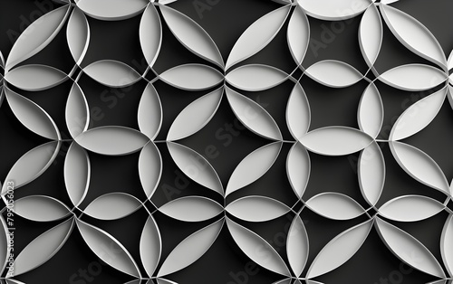 White geometric pattern on a black background In the style of Japanese laser cut white wooden stencil 3D rendered illustration with shadows and soft lighting 