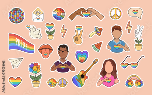 LGBTQ vector set. Symbols of the LGBT pride community. LGBT stickers on pink background.