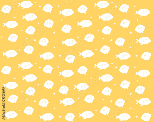 Seamless pattern with white fish on a yellow background. Suitable for design and printing on fabric. Nautical vector illustration in flat style.