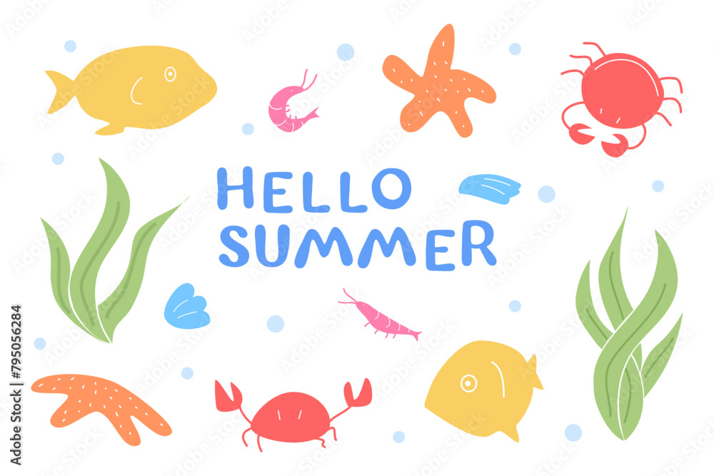 Naklejka premium Composition of marine animals and algae. Vector starfish and shrimp, crabs and shells, fish. Creatures of the ocean floor, marine underwater plants, mollusks. Illustration in flat style