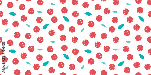 Seamless pattern with strawberry ice cream with mint leaves on a white background, hand drawn. Vector Illustration for print and design in flat style.