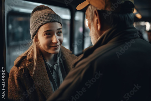 Young woman gives seat to old man on bus